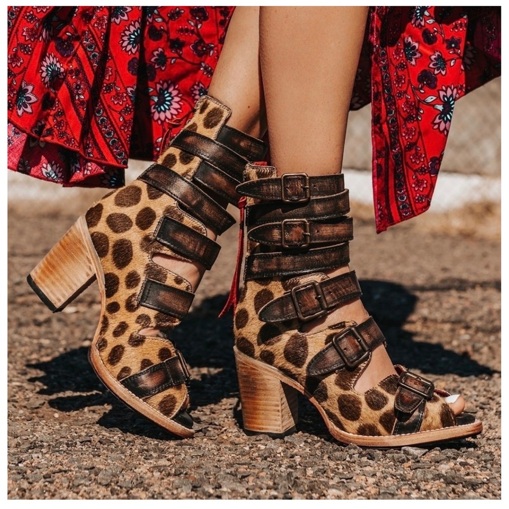 Freebird Bond Leopard Print Leather Buckle Heeled Booties Size 6